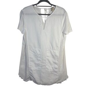 XCVI White Linen and Cotton Short Sleeve Tunic Top Size Medium Raw Hem Pockets